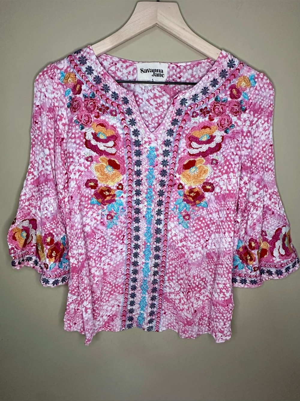 Savanna Jane Pink Floral Embroidered Boho Bell Sleeve Blouse S